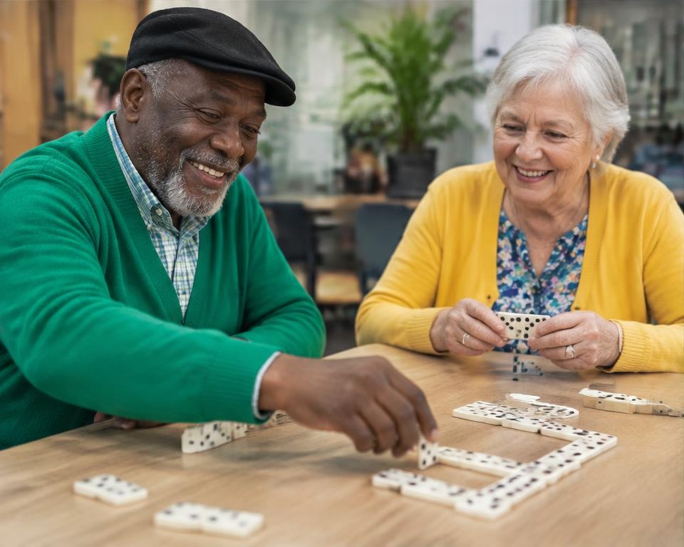 Illustrative scene for Dominoes and Friendship Club, not an existing P-O-M-S Kitchen session